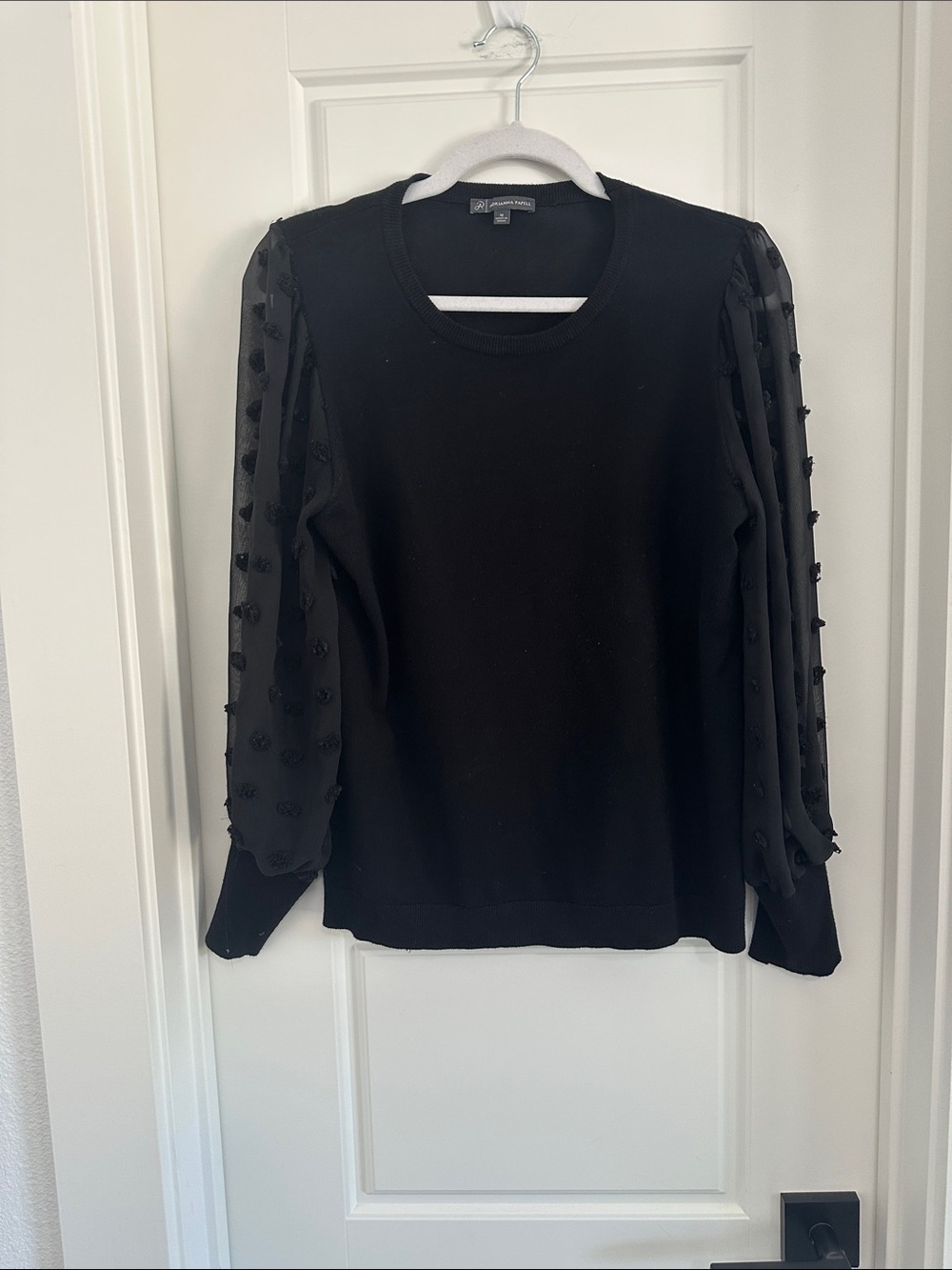 Adrianna Papell Black Crewneck Sweater with Sheer Pom-Pom Sleeves